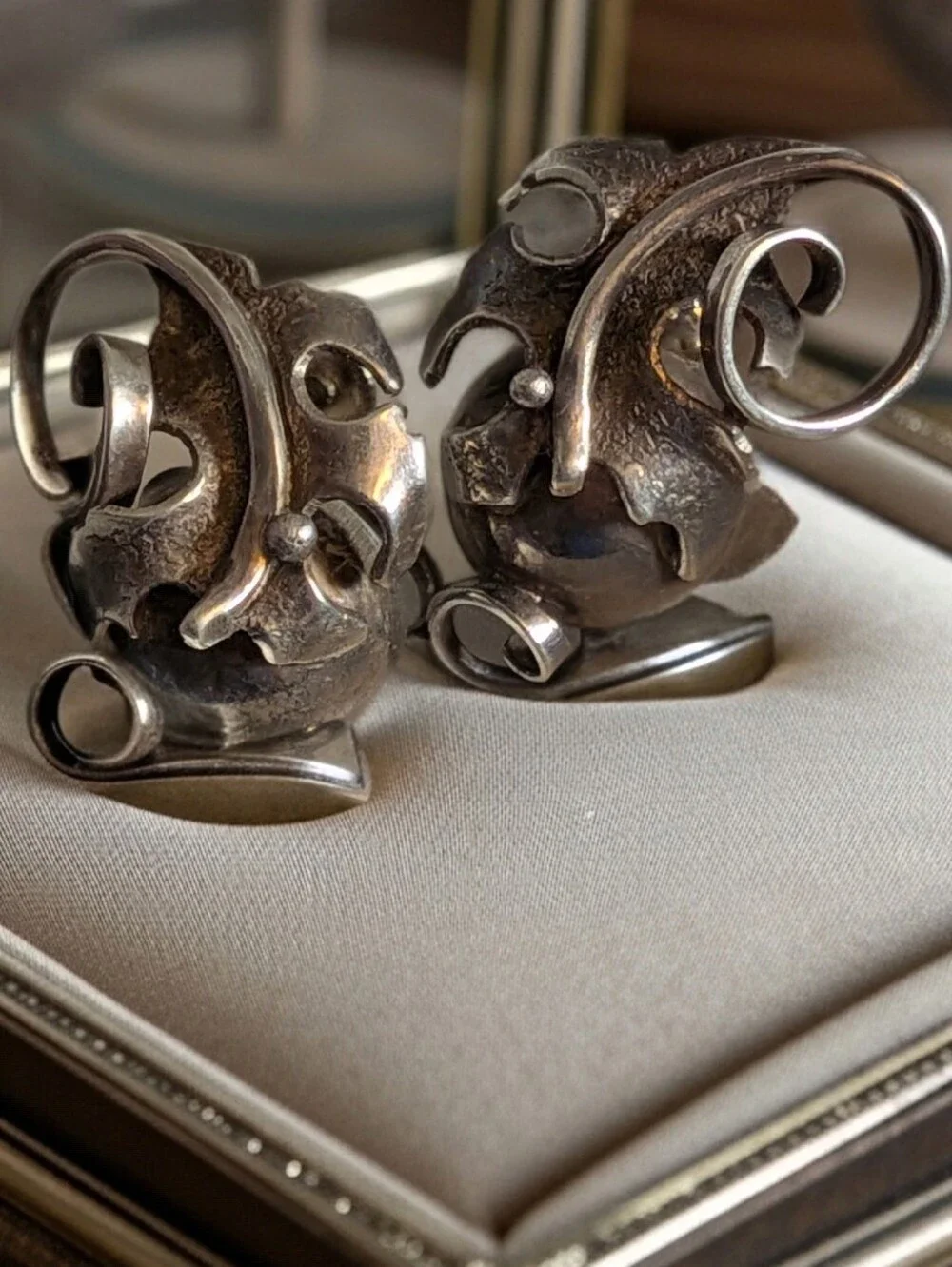 Vintage Heavy Brutalist Sterling Silver Abstract Modernist Screw Back Earrings
